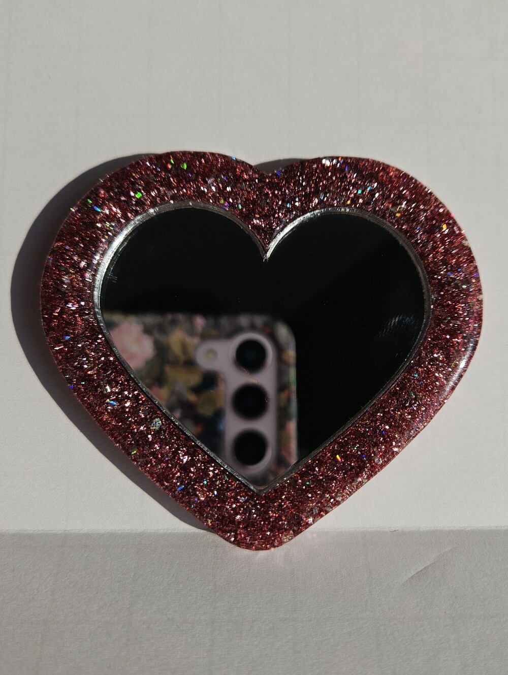 Handmade Pink Glitter Heart Resin Pocket Mirror Cute Girly Accessories